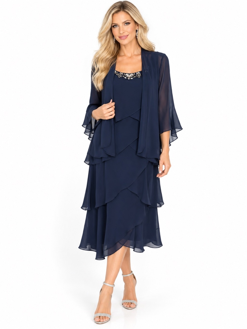 SLNY Dress Size 14W NWT Navy Chiffon Rhinestone Embellished Tiered Formal